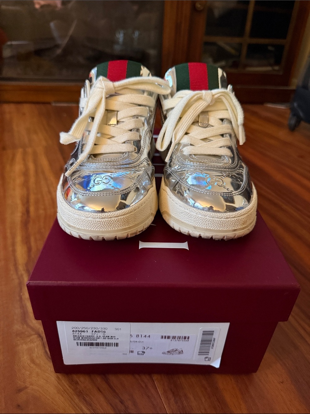 Gucci Metallic Silver REWEB Sneakers with Green and Red detail